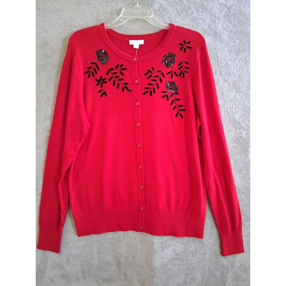 Embellished Bright Red Cardigan Lg Velvet Beaded Charter Club Casual Office New